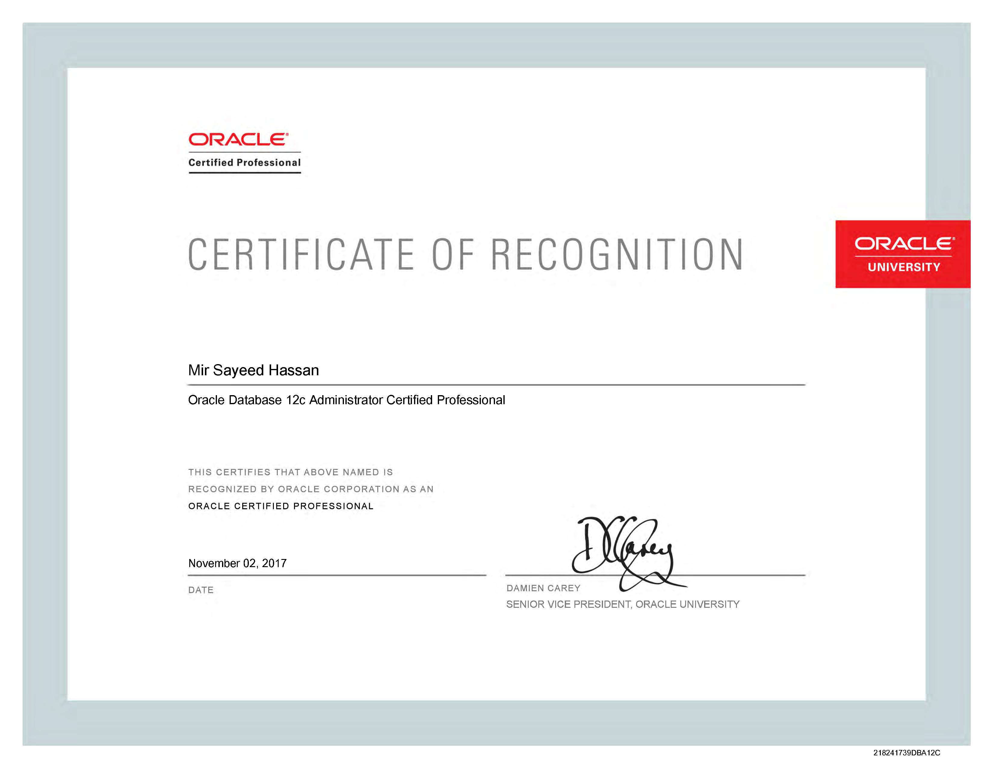 Oracle Database 12c Certified Professional